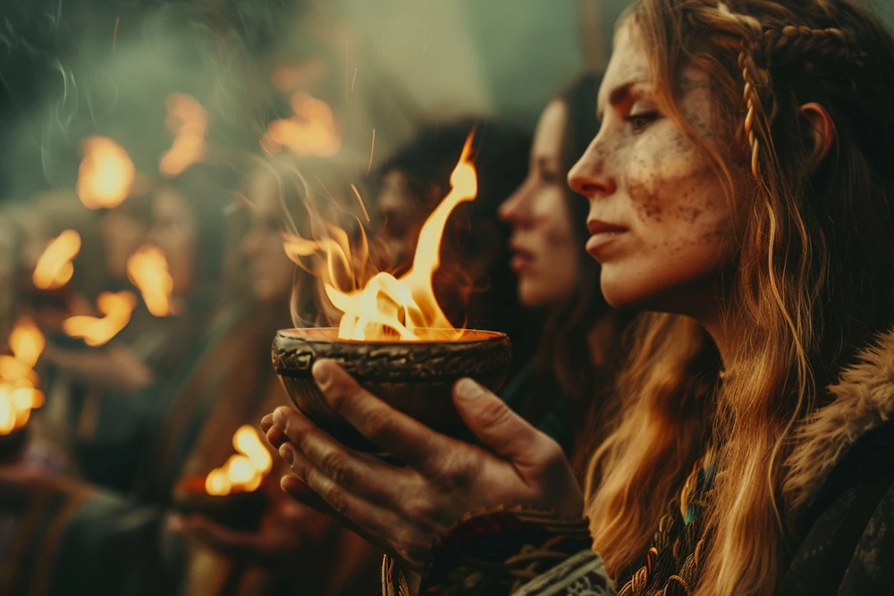 Donne che tengono ciotole con piccoli fuochi durante un rituale dedicato a Brigid