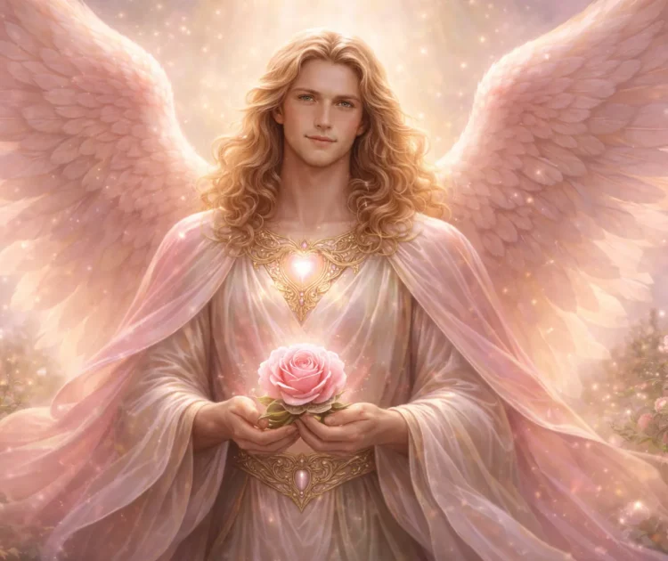 Arcangelo Chamuel in arte digitale, simbolo di amore consapevole e introspezione, perfetto per il mese di febbraio.