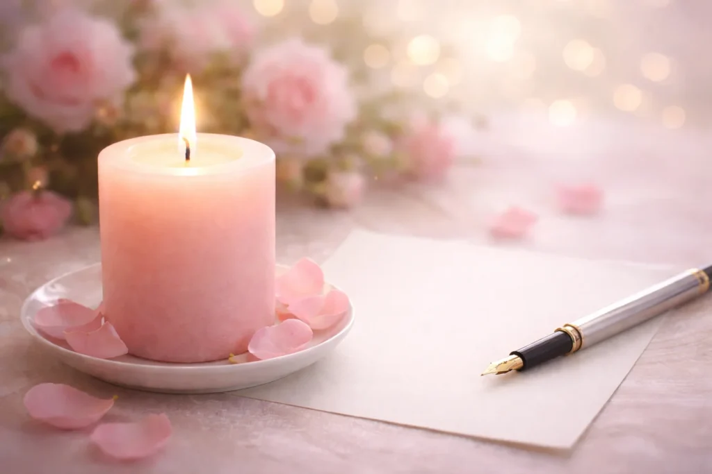 Una candela rosa accesa accanto a un foglio bianco e una penna: un gesto simbolico per la riflessione e l’amore consapevole, ispirato dall’Arcangelo Chamuel.